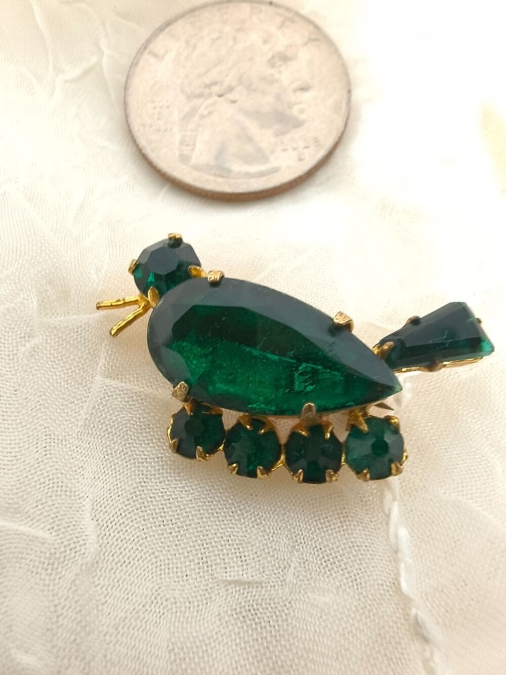 Vintage Signed CZCHO Green Duck Rhinestone Brooch With Glass Cabochon 1.25" - Picture 4 of 6